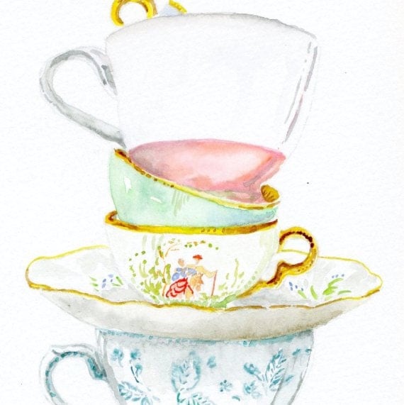 Still Life Kitchen Decor Art Print of Original Watercolor Painting -- Teacups
