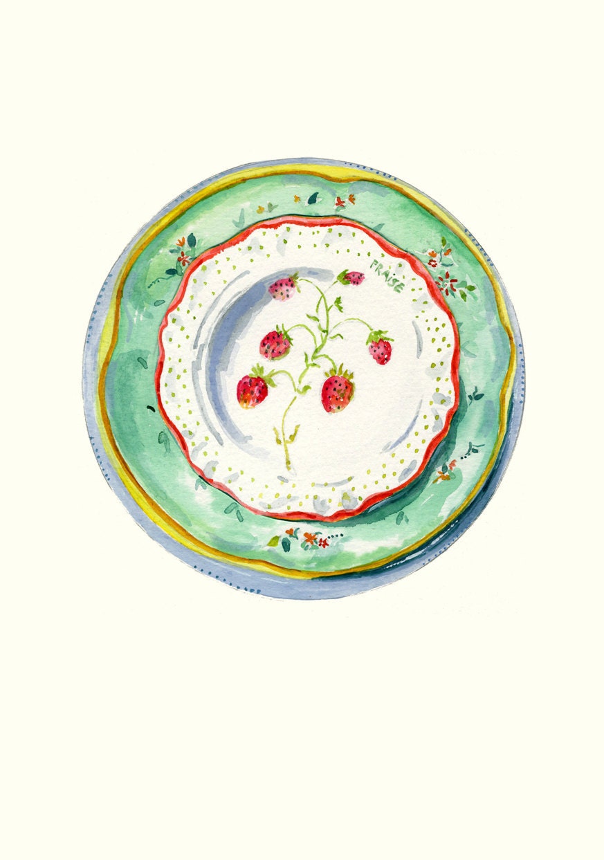 Still Life Kitchen Decor of Original Watercolor Painting -- Vintage Plates -- Fraise
