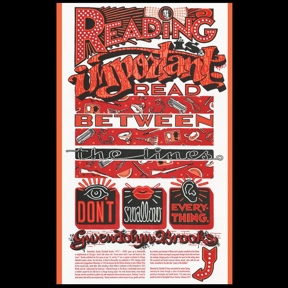 WARNING SIGNS oversized postcard featuring neon graffiti and featuring Gwendolyn Brooks