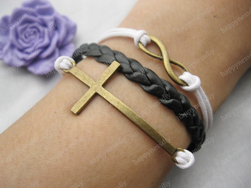 bracelet---karma bracelet,antique bronze cross bracelet,infinitywish bracelet,black braid bracelet---Z268