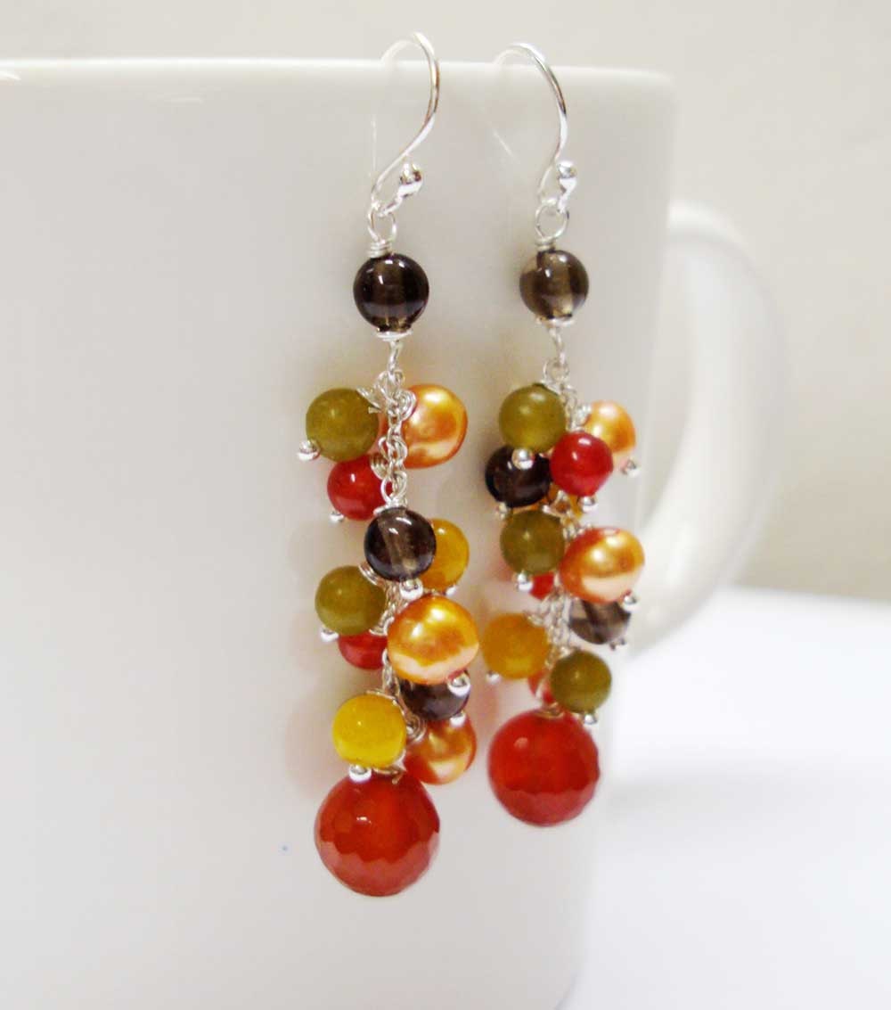 Carneian,peridot,smoky quartz,yellow,pearl sterling silver Earrings