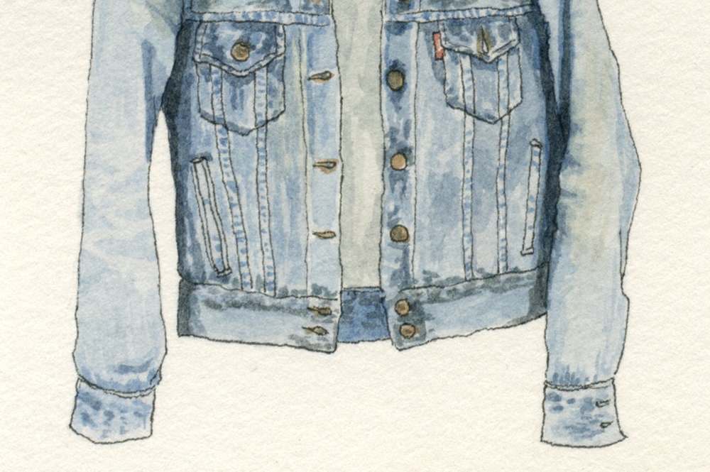 ORIGINAL Watercolor Illustration - Worn In Blue Grunge Denim Jean Jacket