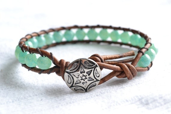 Beachy single wrap leather bracelet "Aqua", shabby chic bohemian bracelet