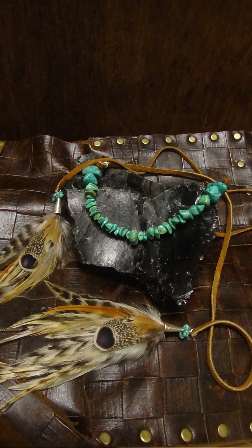 Magnesite and Dyed Turquoise Grey Peacock Feather Headband