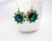 beaded earrings, Green Swarovski, gold seed beads, gold filled earrings, one of a kind earrings OOAK, hand-sewn jewelry, beadwork