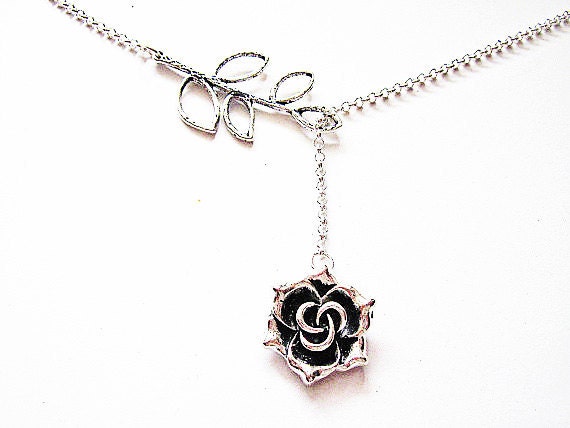 Rose Lariat Necklace, Silver Rose necklace, leafy branch floral necklace, mom, grandmother, simple necklace, elegant affordable Y necklace