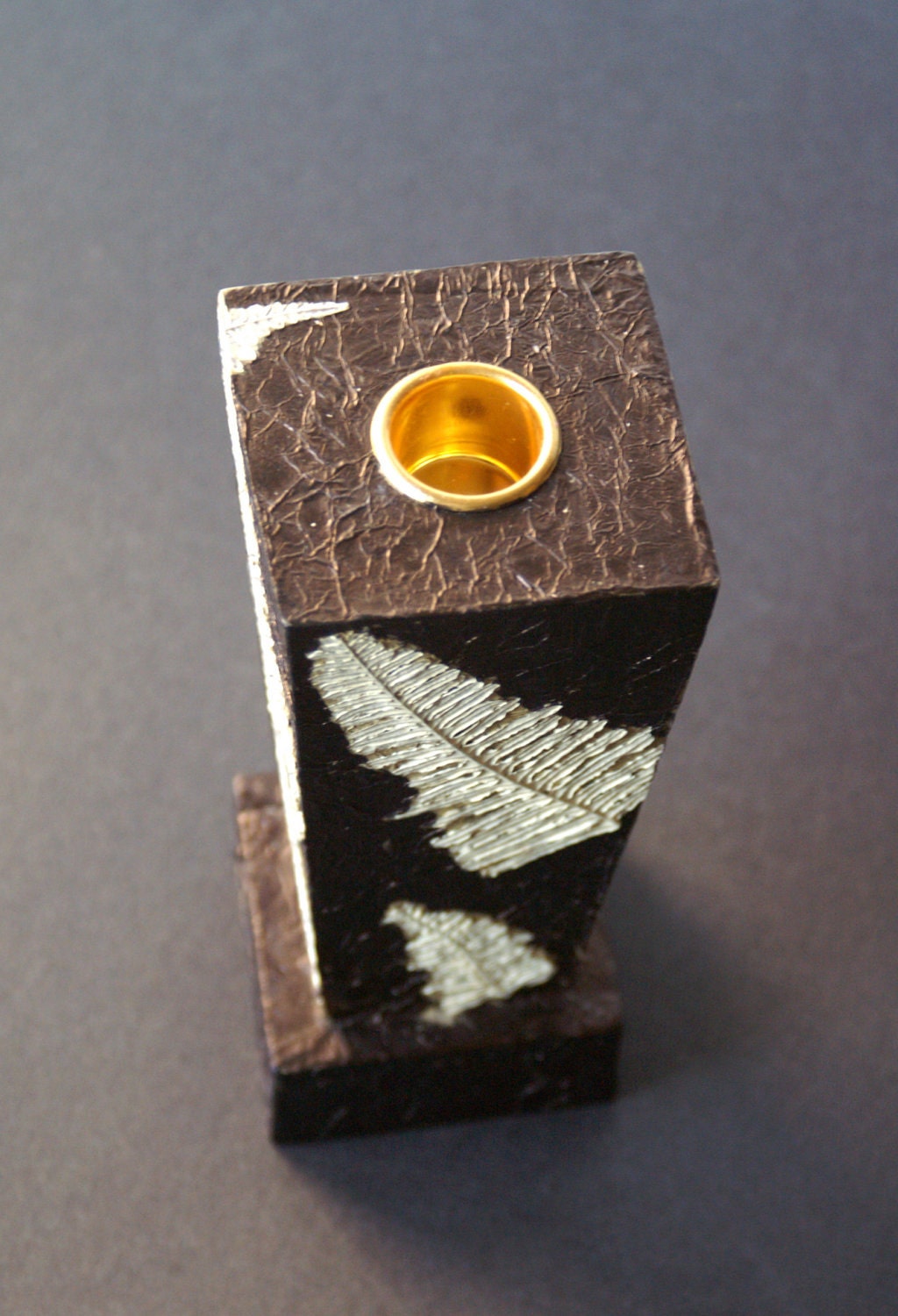 Ceramic Stone Candle Holder Modern Textured Taper Holder Hand Painted Black with White & Silver Leaves