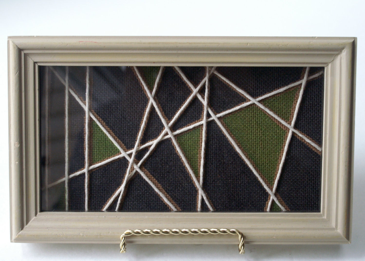 Abstract String Art Shadowbox, Zen Wall Art, Upcycled Vintage Shadowbox with Green and Black Painted Background and Natural Cotton Twine