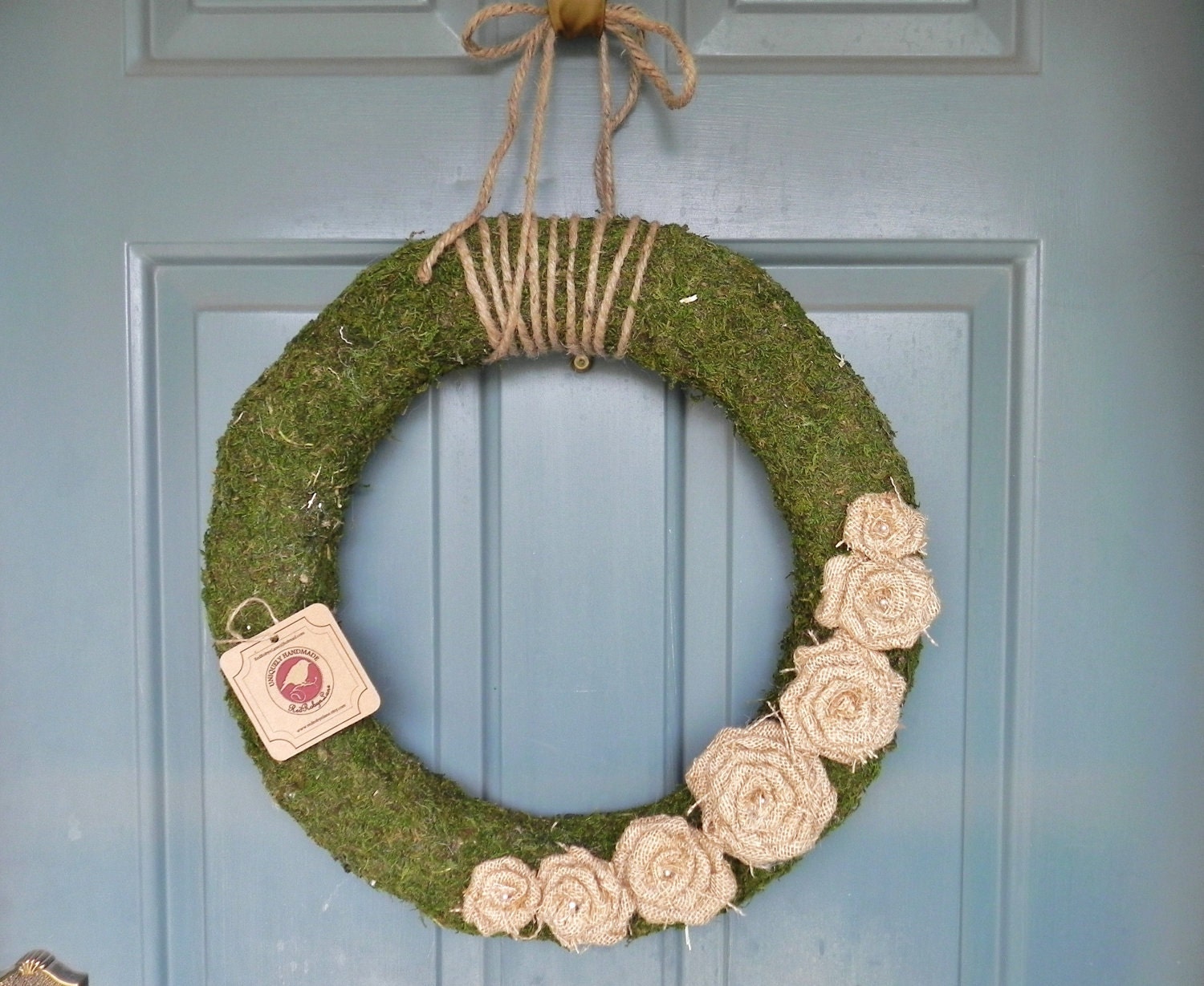 French Country Moss Wreath with Burlap Rosettes and Jute - 18'' (other sizes available)