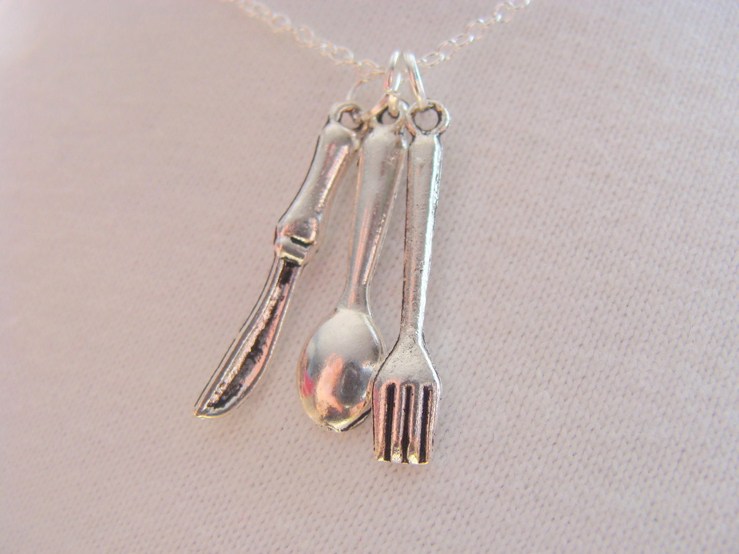 Teeny tiny knife fork spoon necklace pewter  charm handmade sterling silver 925 stamped chain necklace