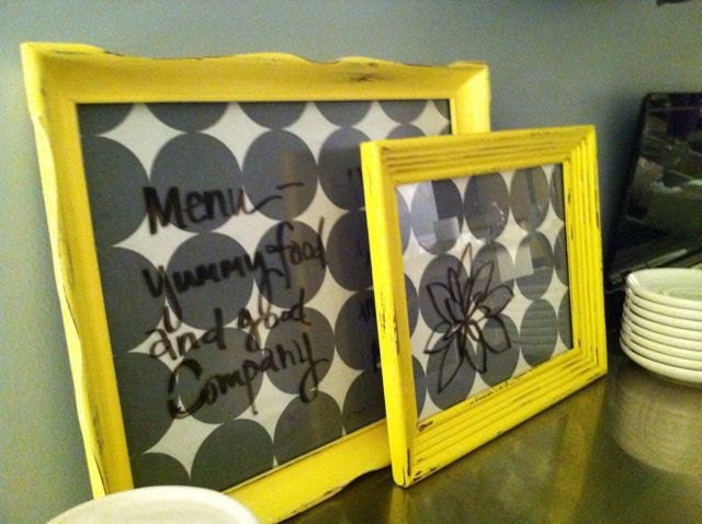 Yellow and Gray Dry Erase message board. Dwell Studio Dotscape fabric.  Shabby Chic Distressed Memo or Note Board Custom 11x13