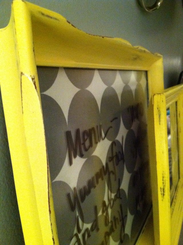 Yellow and Gray Dry Erase message board. Dwell Studio Dotscape fabric.  Shabby Chic Distressed Memo or Note Board Custom 11x13