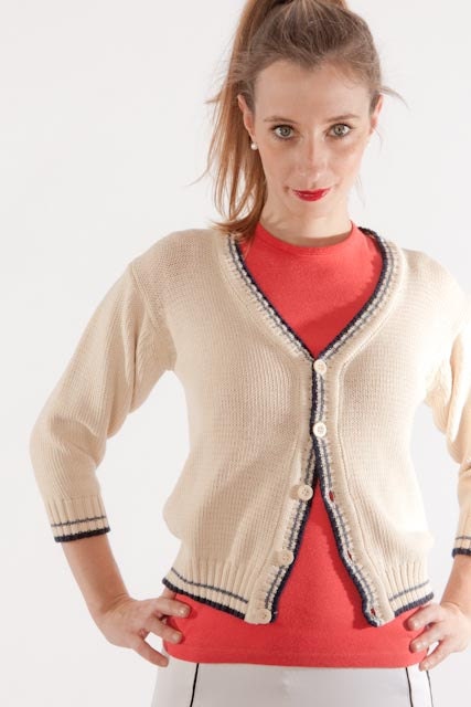 Vintage mini pull, white and blue.  English college style.
