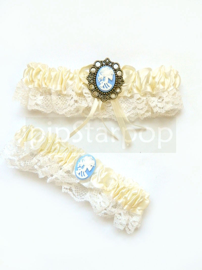 Antique IVORY Garter Set with toss away garter - Gothic Death Maiden Baby Blue Cameo - Neo Victorian Gothic accessories