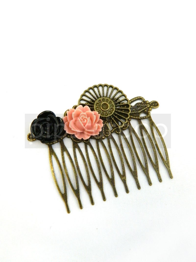 Steampunk Bronze filigree comb with Peach Pink Rose Cabochon and Clock Gear  - NeoClassical Victorian Hair Accessories