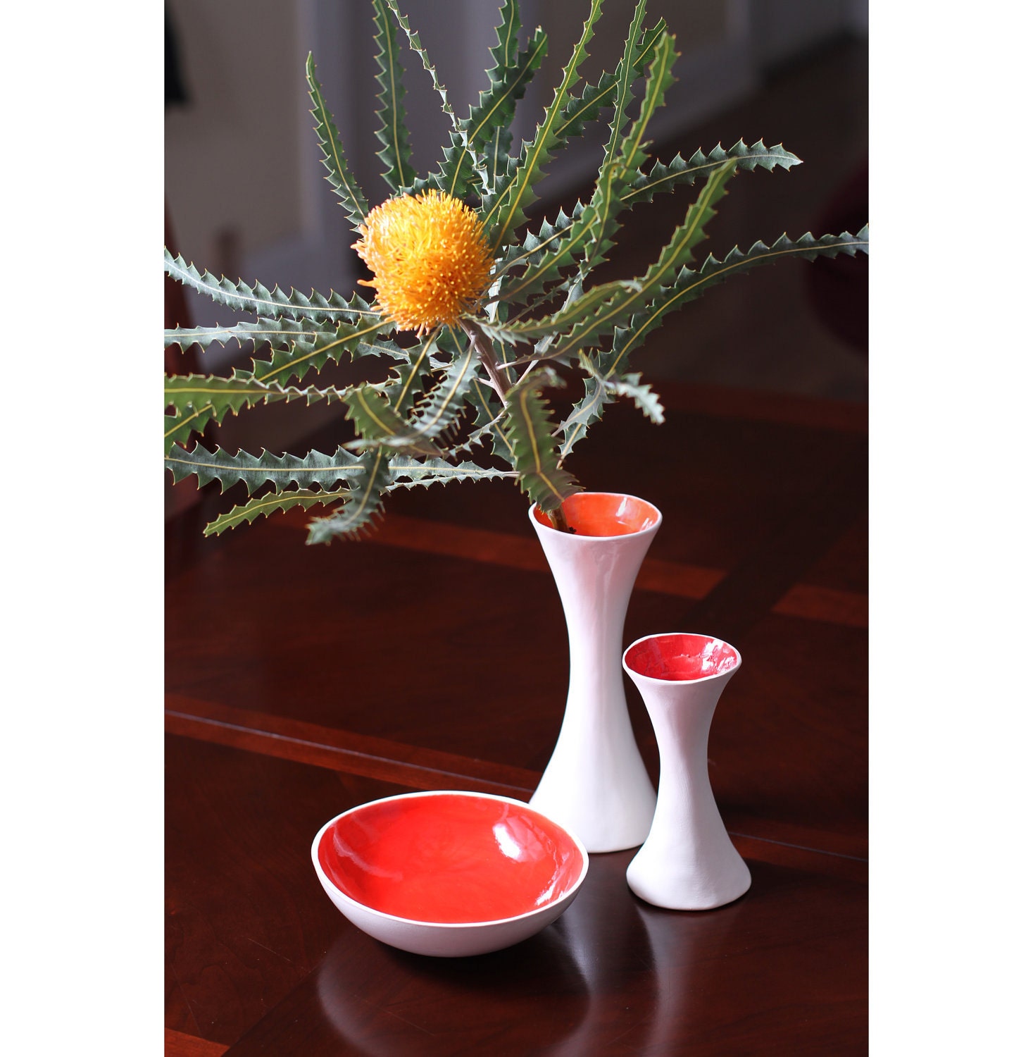 Flame Orange and White Ceramic Pottery Hourglass Flower Bud Vase 8-9 inches high