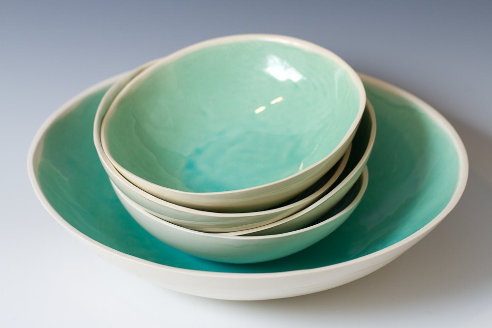 Large Turquoise and White Ceramic Bread Bowl 9 3/4 inches - great gift for bakers for rising bread