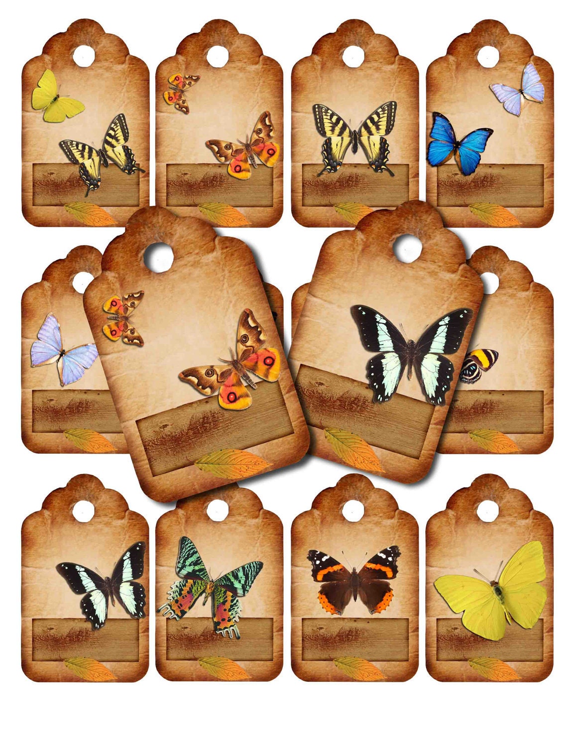 Distressed Butterfly Tags - Digital Download, 12 tags, 12 different designs
