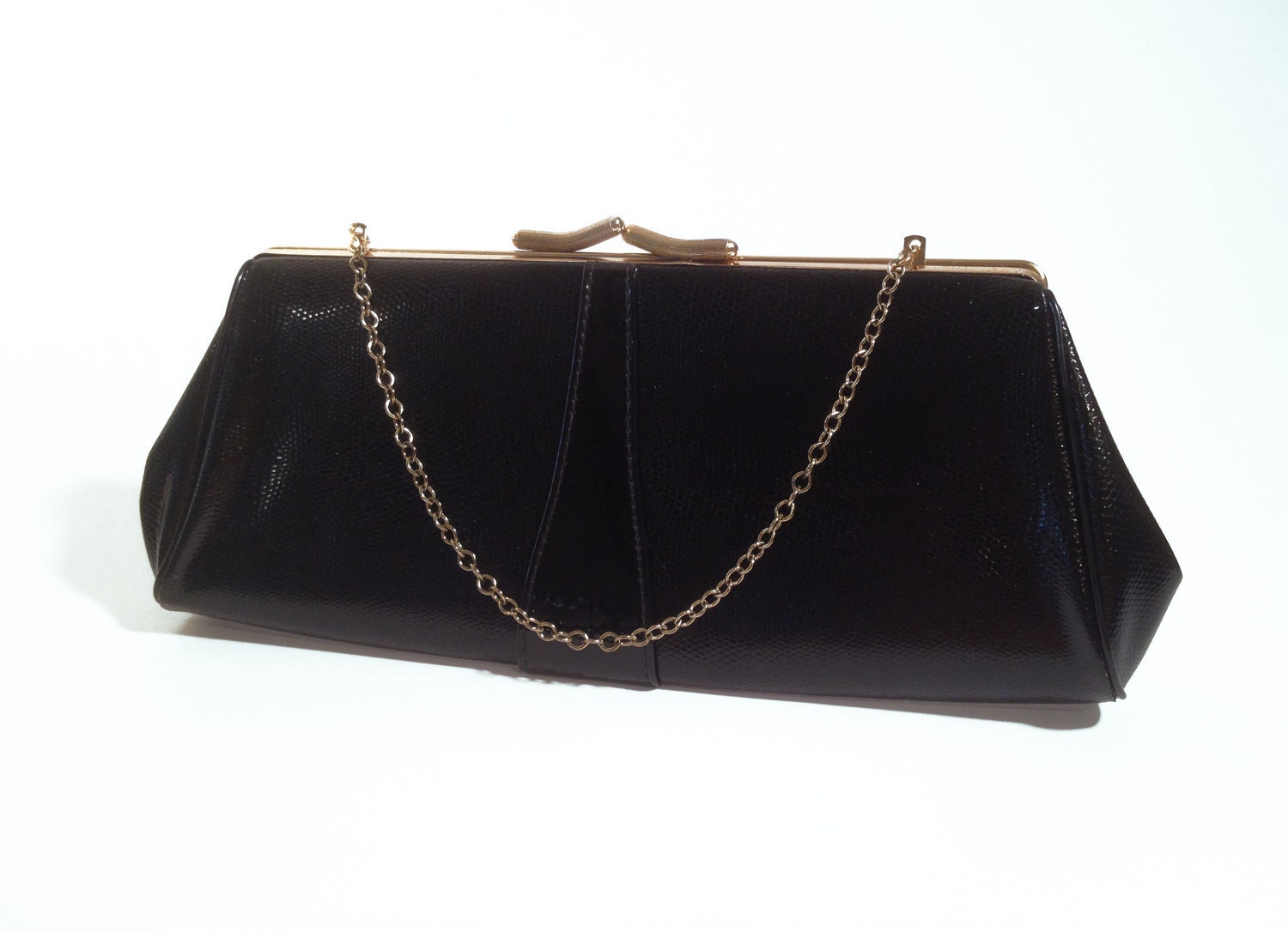 Black Patten Faux Animal Skin Vintage Clutch with Chain