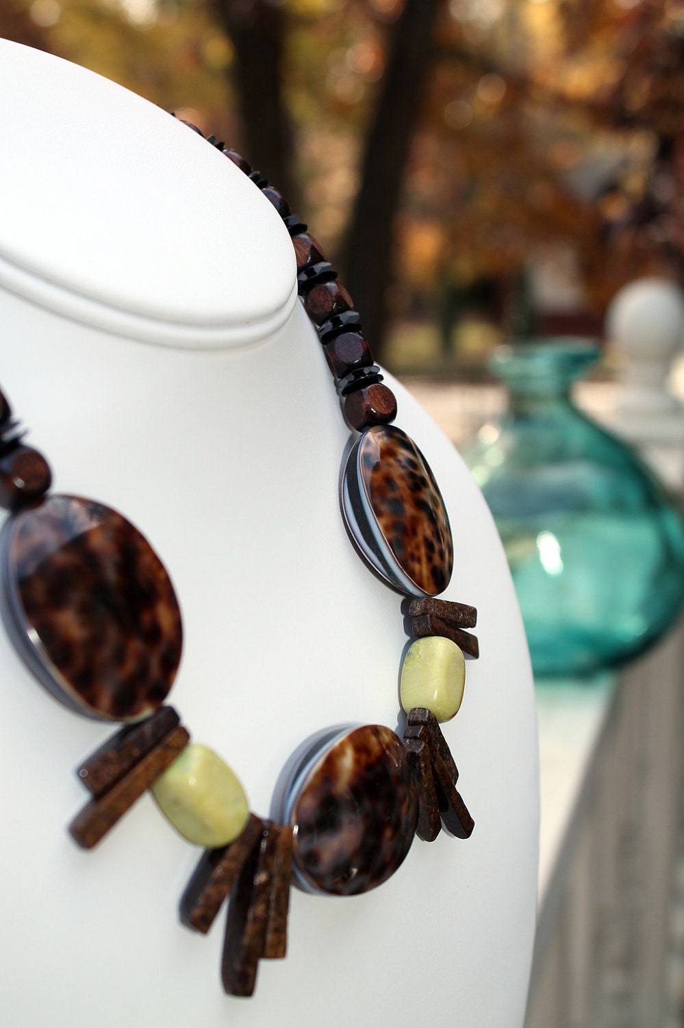 FREE SHIPPING Pago Pago - Chunky Statement Necklace Tiger Cowrie Shells, Yellow Turquoise Gemstones (Tribal, Ethnic, Stylish) FREE Gift Box