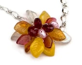 Pink and Yellow Beaded Necklace, Flower Necklace, Pendant Necklace, Nature Jewelry