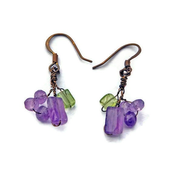 Amethyst Dangle Earrings, Green Purple Beaded Earrings,  Nature Jewelry