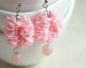 Pastel baby pink dangling earrings made of ruffled satin ribbon and Czech crystals. Ideal for Sweet 16. Ideal as bridesmaid earrings.