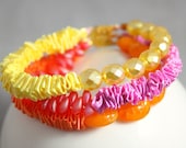 Handmade neon bracelet. Ribbon bracelet. Fabric bracelet. Unique beaded bracelet. Spring time bracelet.