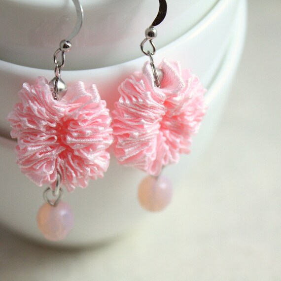 Pastel baby pink dangling earrings made of ruffled satin ribbon and Czech crystals. Ideal for Sweet 16. Ideal as bridesmaid earrings.