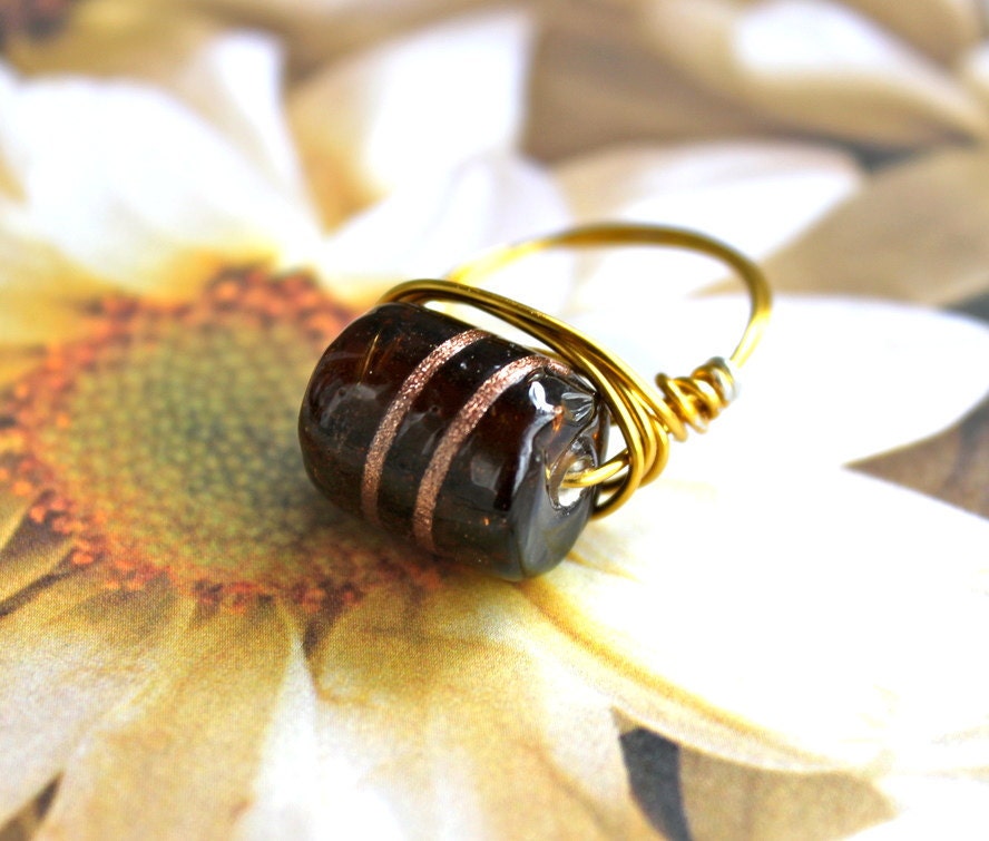 Ale Barrel Wire Wrapped Bead Ring - Size 7.5 - READY to SHIP