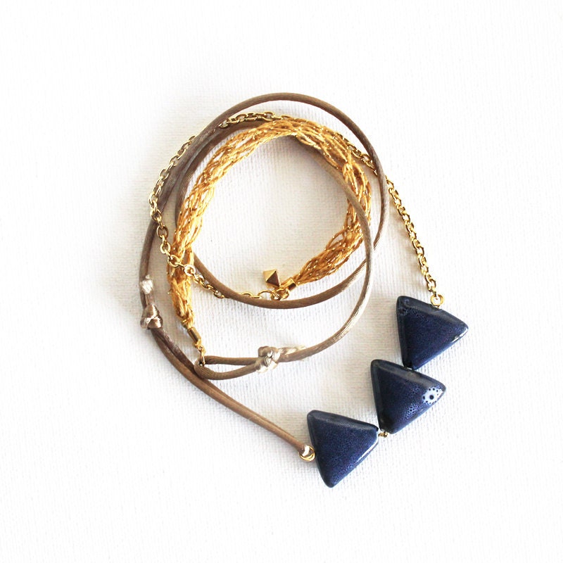 CROCHET TRIANGLES & CHAIN / mixed-media fiber necklace w/ blue porcelain triangles, gold crochet detail, silky taupe cord and chain - SOFTGOLDSTUDIO