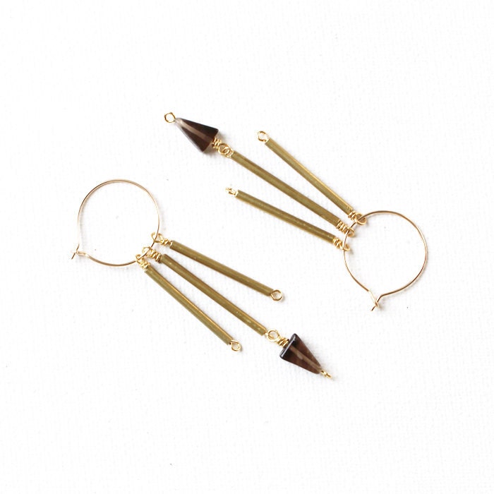 Triangle Spiked Fringe Earrings / 14k gold fill hoops with brass tube drops & smokey quartz triangles - "These Are Dark Matters"