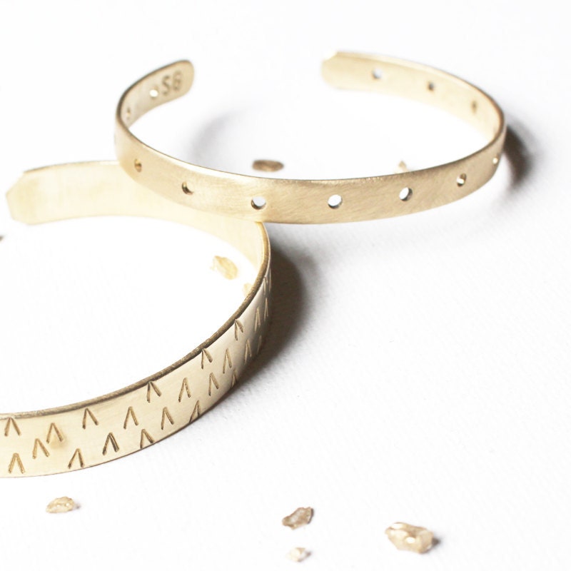 Thin Gold Dots Cuff Bracelet / modern minimal brass jewelry / skinny hand-formed stacking bangle, pierced hole design