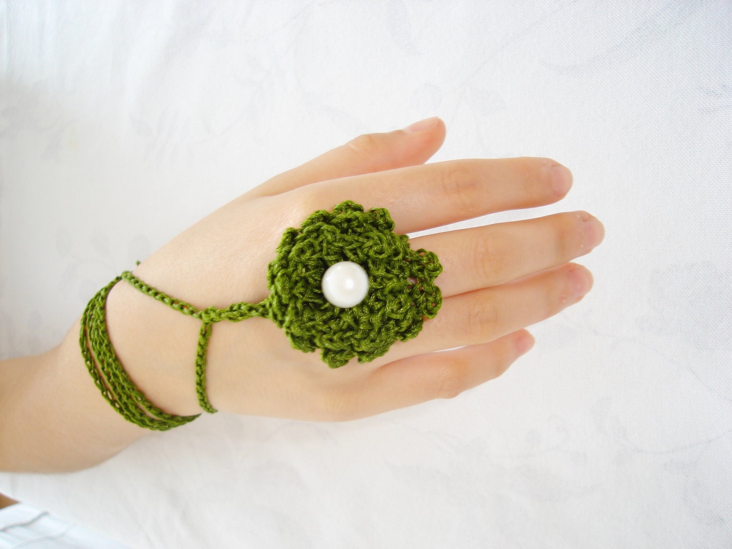 Two piece Crochet ring white pearl, bracelet, necklace, unique design,green ring.