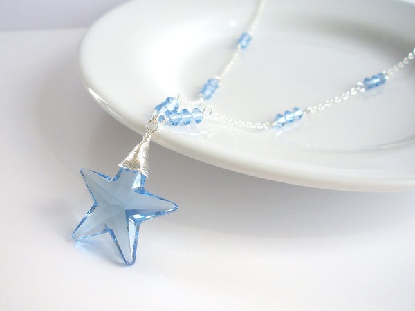 Blue Star Necklace, Blue Swarovski Necklace, Blue Crystal Necklace in Sterling Silver