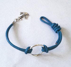 Ocean Blue Leather  Bracelet  With  Silver Ring and Anchor charm bracelet