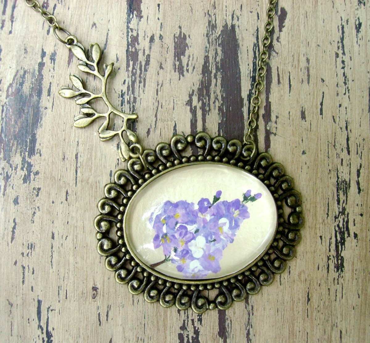 Springtime Art Hand Painted Necklace, Art Jewelry Handmade - Lilac, Antique White, Vintage Style, FREE shipping