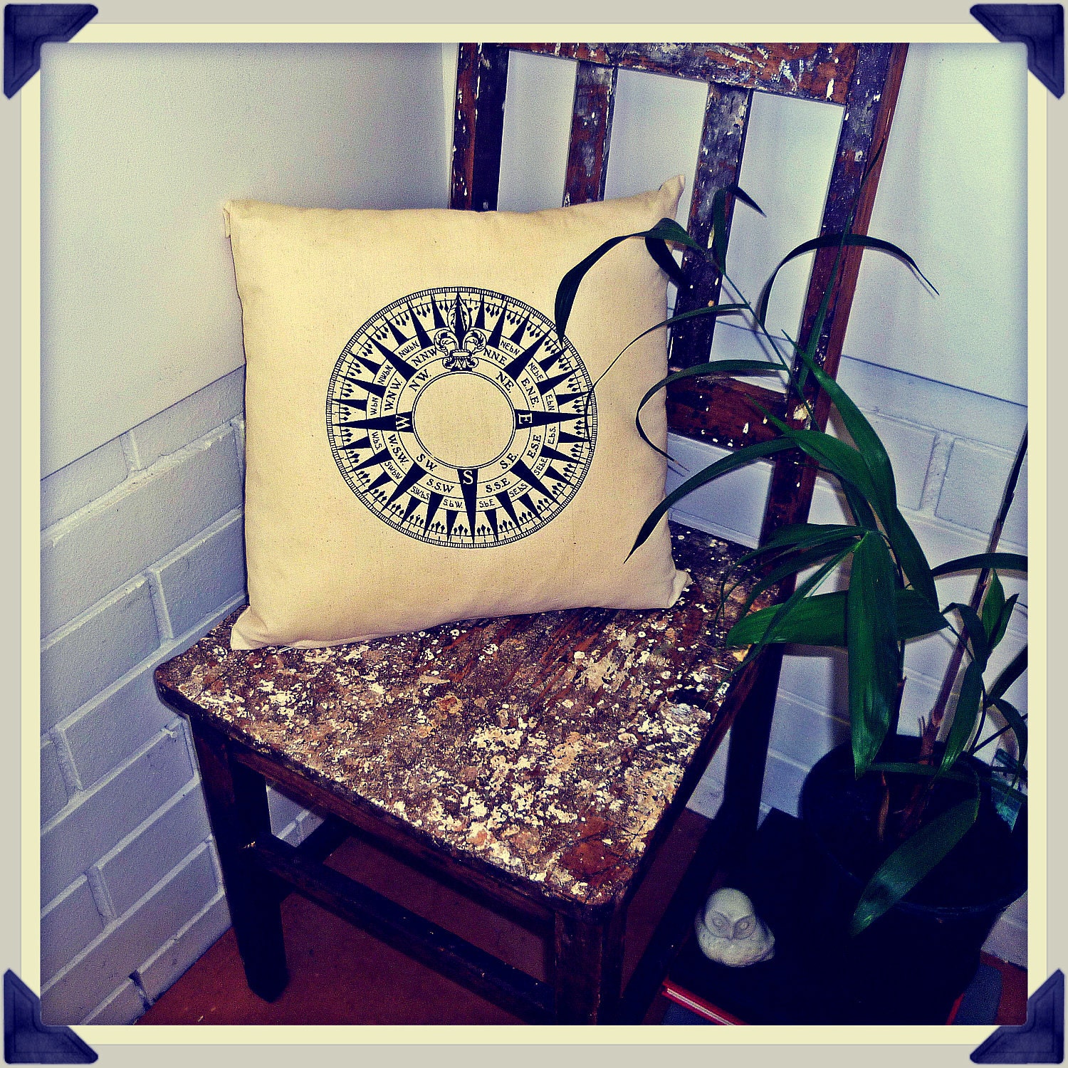 Screenprinted Compass Cushion Nautical handmade tattoo alternative Wedding steampunk Blacklight