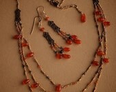 Tripple strand link Necklace and Earring set in Gold w/ Bright Orange Carnelian and Deep Blue Iolite
