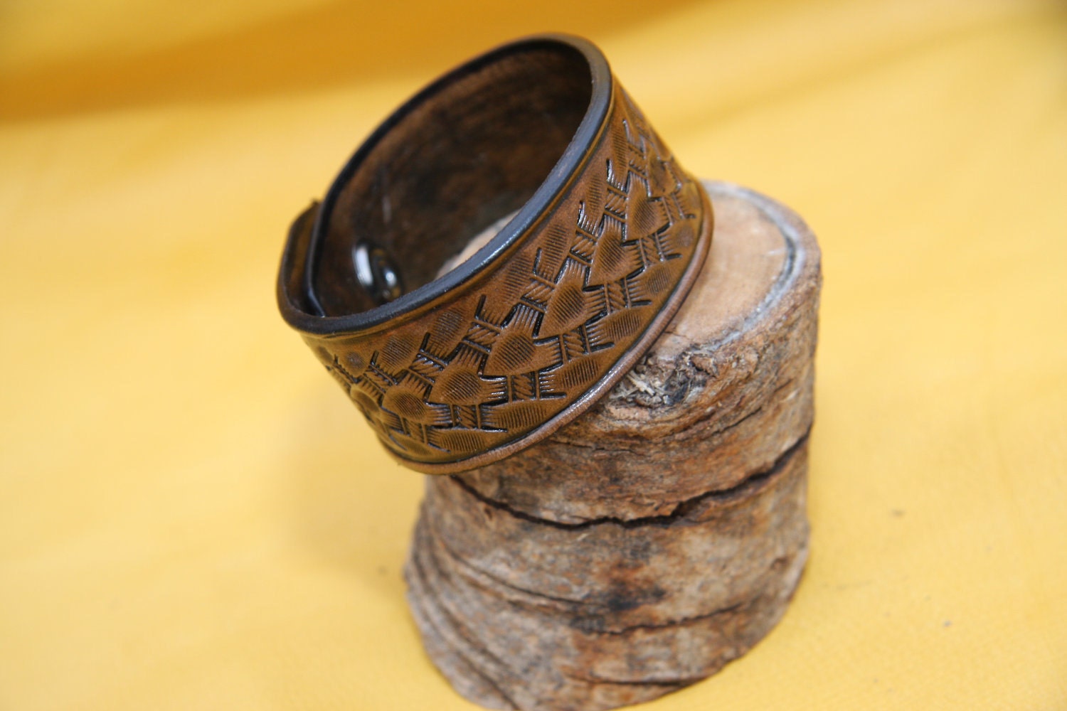 Dark Walnut Leather Bracelet "the rustler" Carved Tooled Recycled Stitched Wristband Black Brown Cuff Rustic Jewelry OOAK Distressed Vintage