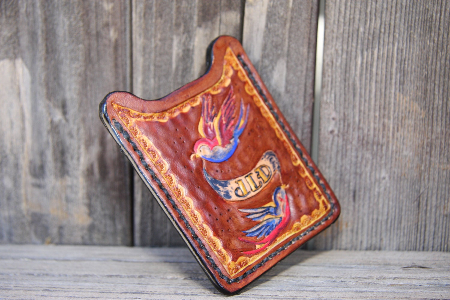 Custom Carved Money Clip, "The Swallow" Carved Tooled Recycled Stitched Wristband Black Brown Cuff Rustic Jewelry OOAK Distressed Vintage