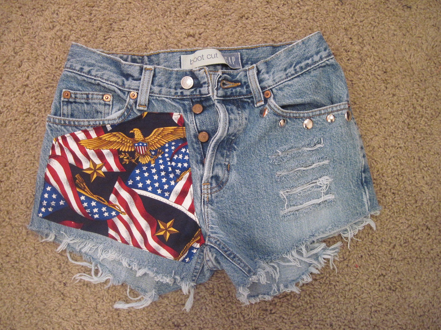 AWSOME  upcycled  VTG Gap denim cut off shorts size 2 waist 28 inches frayed ripped American Eagle and Flag with studs