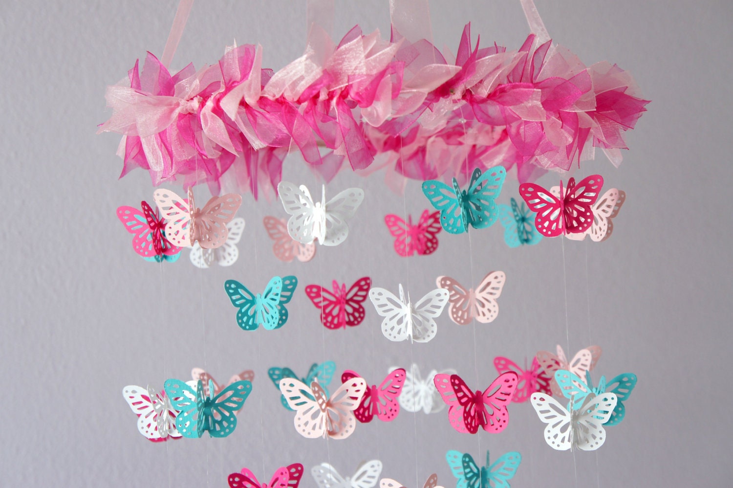 Nursery Mobile - Hot Pink & Aqua Butterfly Mobile, Photography Prop,  Baby Shower Gift