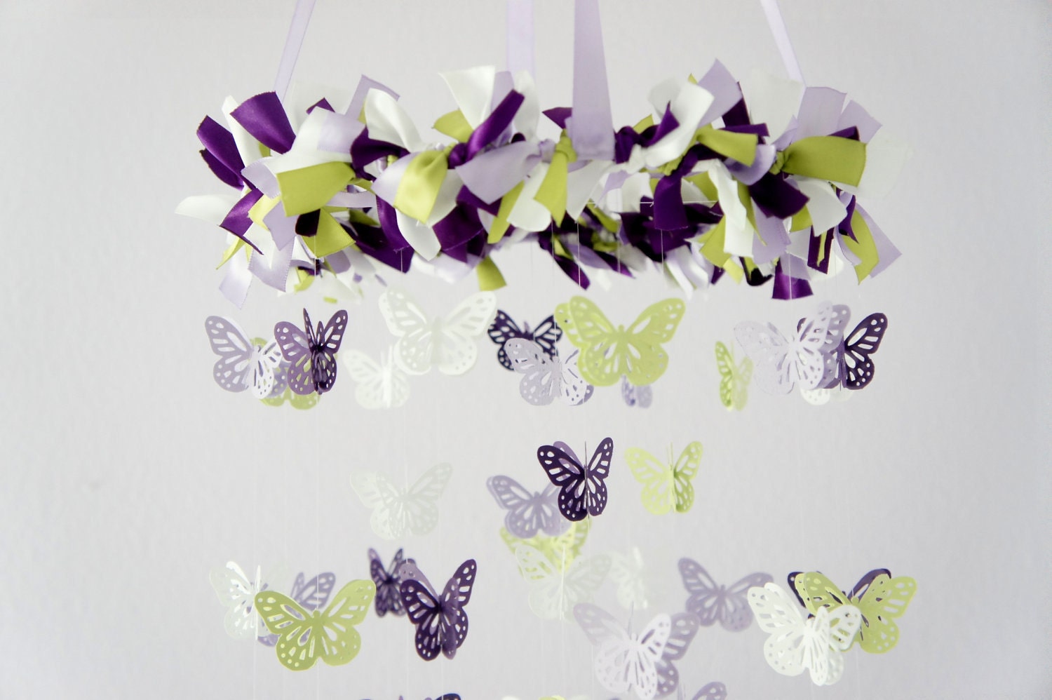Butterfly Mobile in Purple Lavender Green & White- Photography Prop, Baby Shower Gift