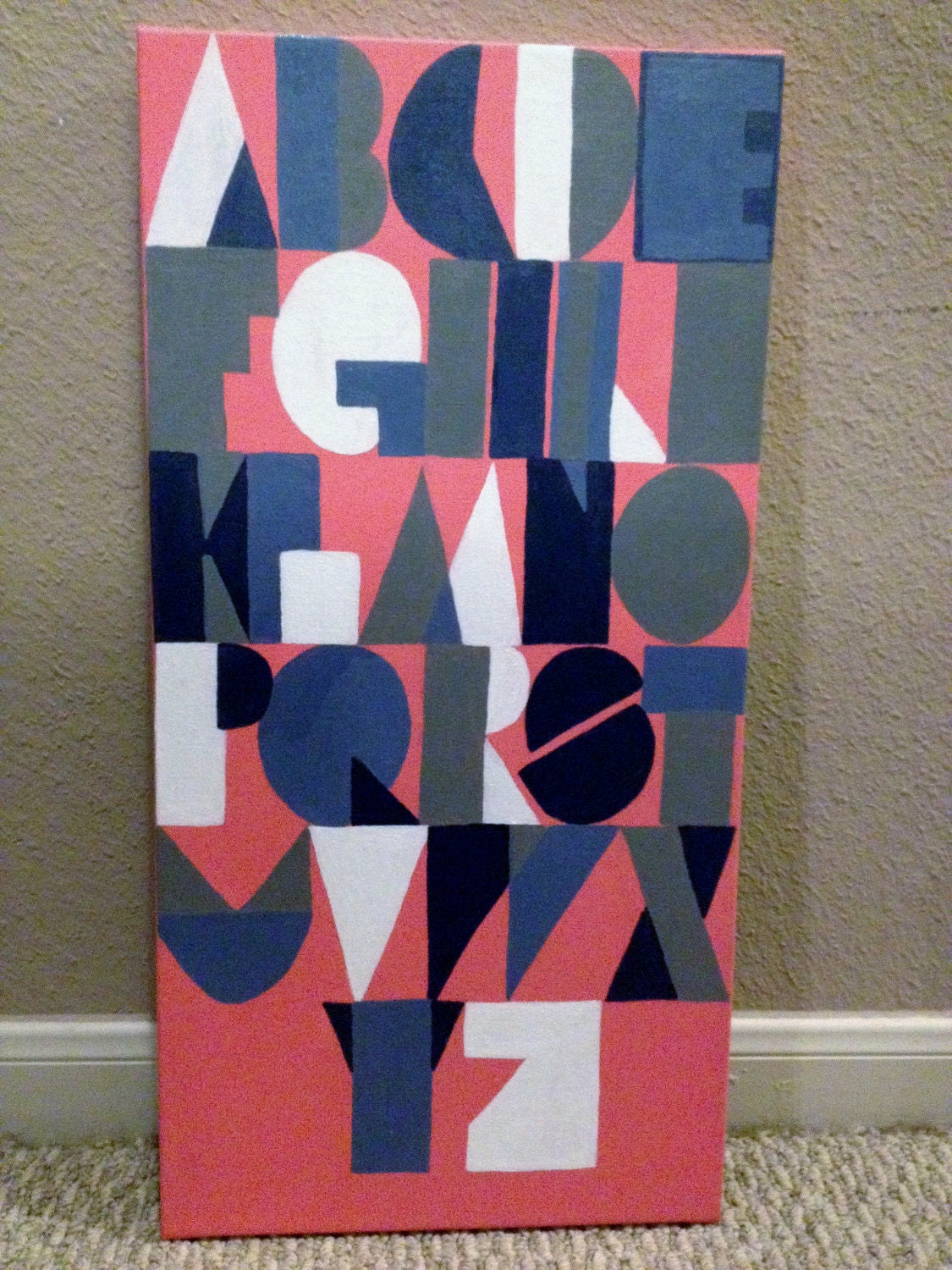 Unique, Fun Acrylic Alphabet Painting in Pink, Greys, & White on 12''X24" Canvas. (NOT A PRINT)