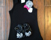 READY TO SHIP-Unique Baby Girl Dress in Black W/Handmade Flowers/Matching Headband/Matching Black Sandals/Size 6-12 Months