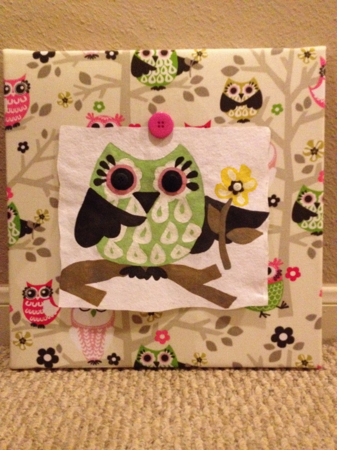 Baby Owl Watercolor Painting on Fabric Covered Canvas 14"X14"-NOT A PRINT-Ready to ship
