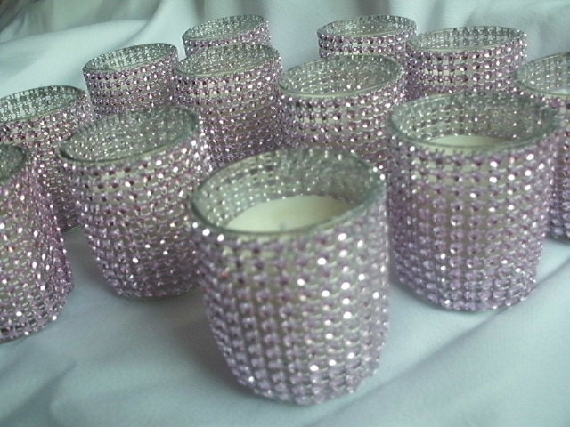 Votives - Set of 12-  Light Pink Mesh Bling Glass Votive Candles