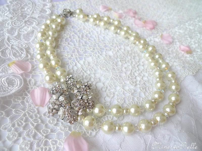 Pearl and Swarovski Crystal Bridal Necklace Vintage Rhinestone Wedding Jewelry
