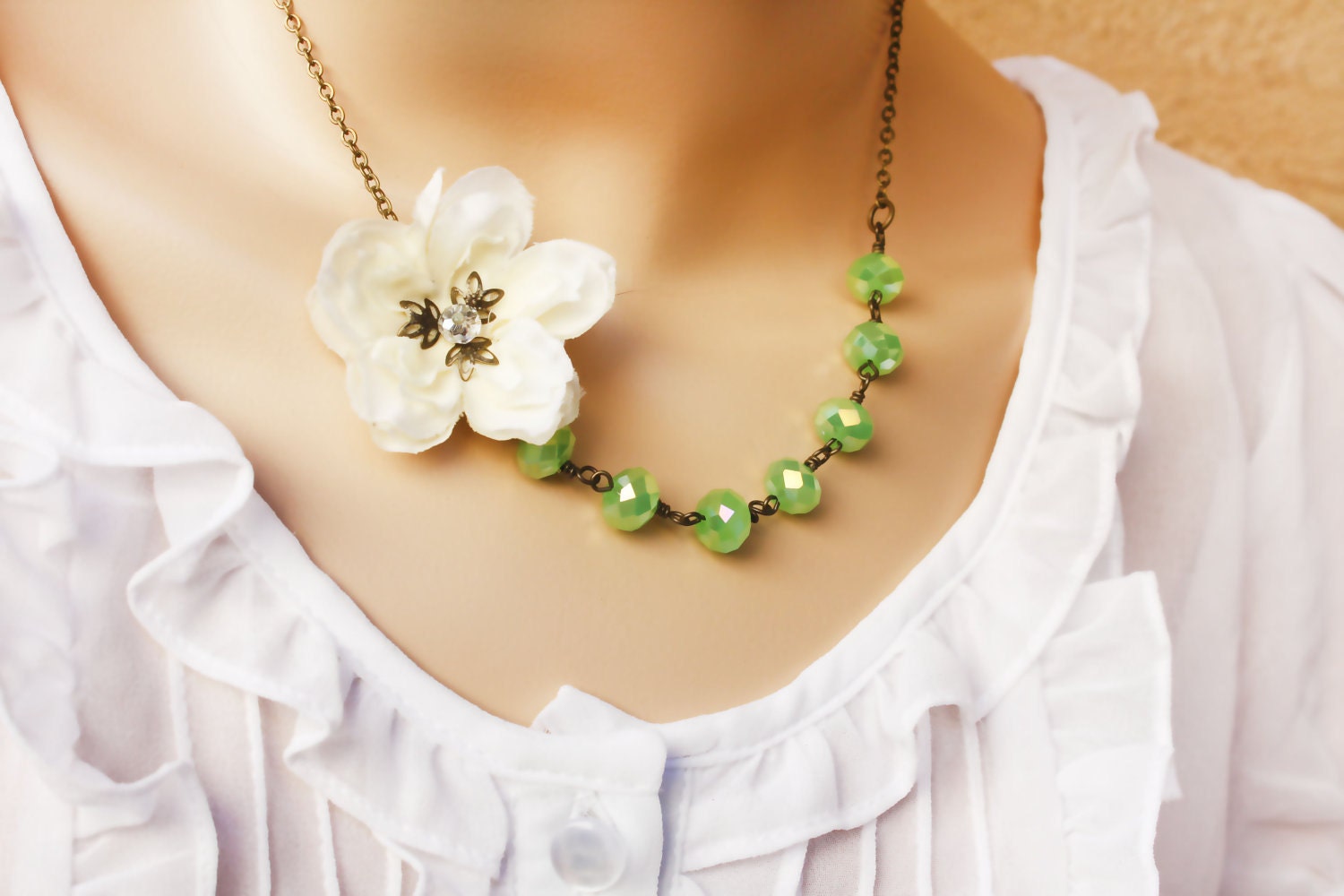 wedding accessories, cherry blossom, flower necklace, asymetrical necklace,green necklace,  statement jewelry free simple drop earrings